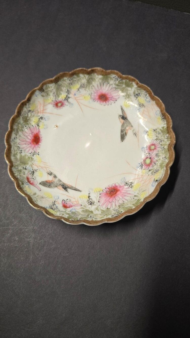 Vintage Unmarked Porcelain Plate Birds Pink Floral Gold Trim Scalloped Edge